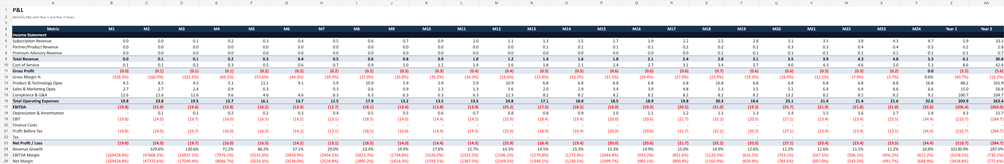 Monthly P&L schedule screenshot